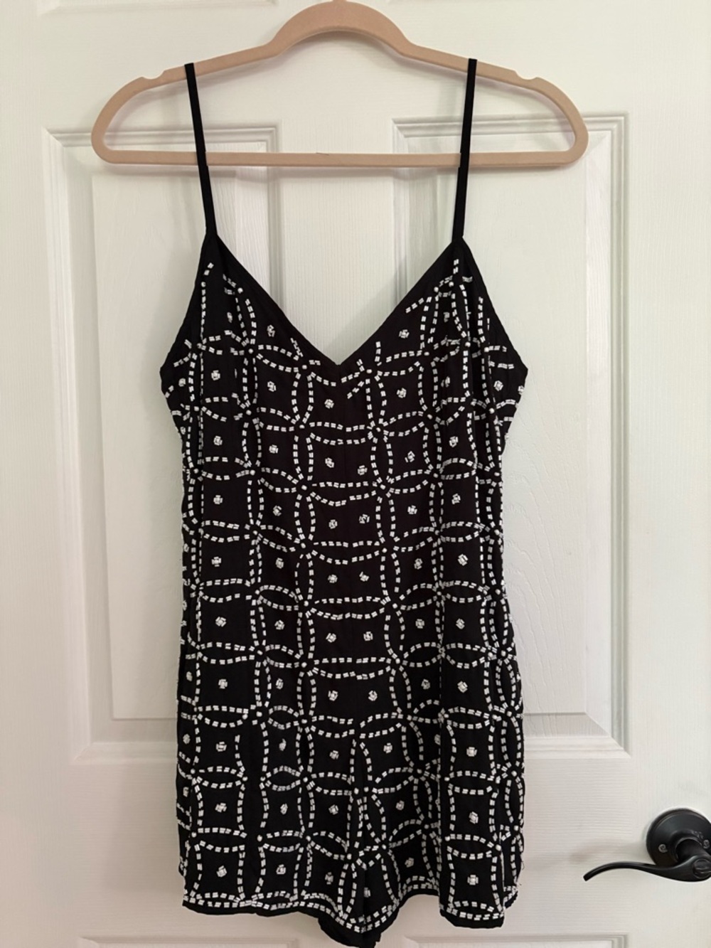 Hot Girl Summer NBD sz 4 Black Beaded Strapless Romper w White Geometric beading